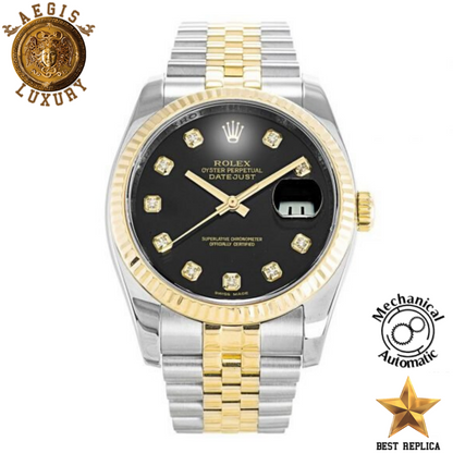 replica rolex oyster perpetual datejust black diamond dial two tone jubilee luxury watch front view