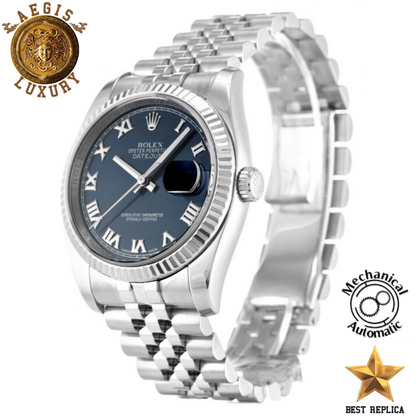 replica rolex oyster perpetual datejust blue roman numeral dial premium luxury watch angle view