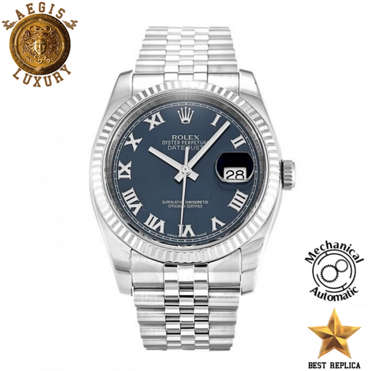 replica rolex oyster perpetual datejust blue roman numeral dial jubilee luxury watch front view