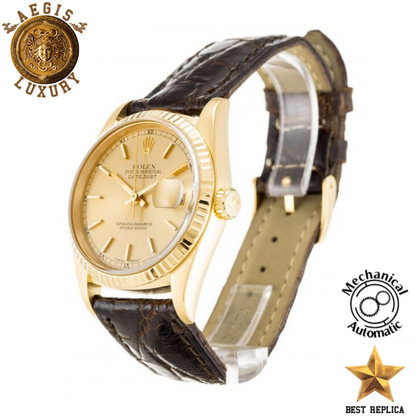 replica rolex oyster perpetual datejust champagne baton dial premium luxury watch angle view