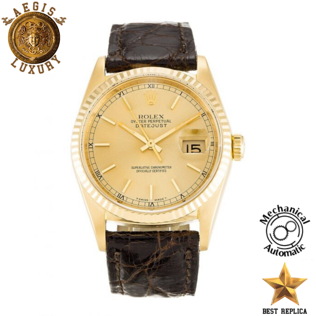 replica rolex oyster perpetual datejust champagne baton dial brown leather luxury watch front view