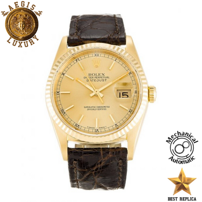 replica rolex oyster perpetual datejust champagne baton dial brown leather luxury watch front view