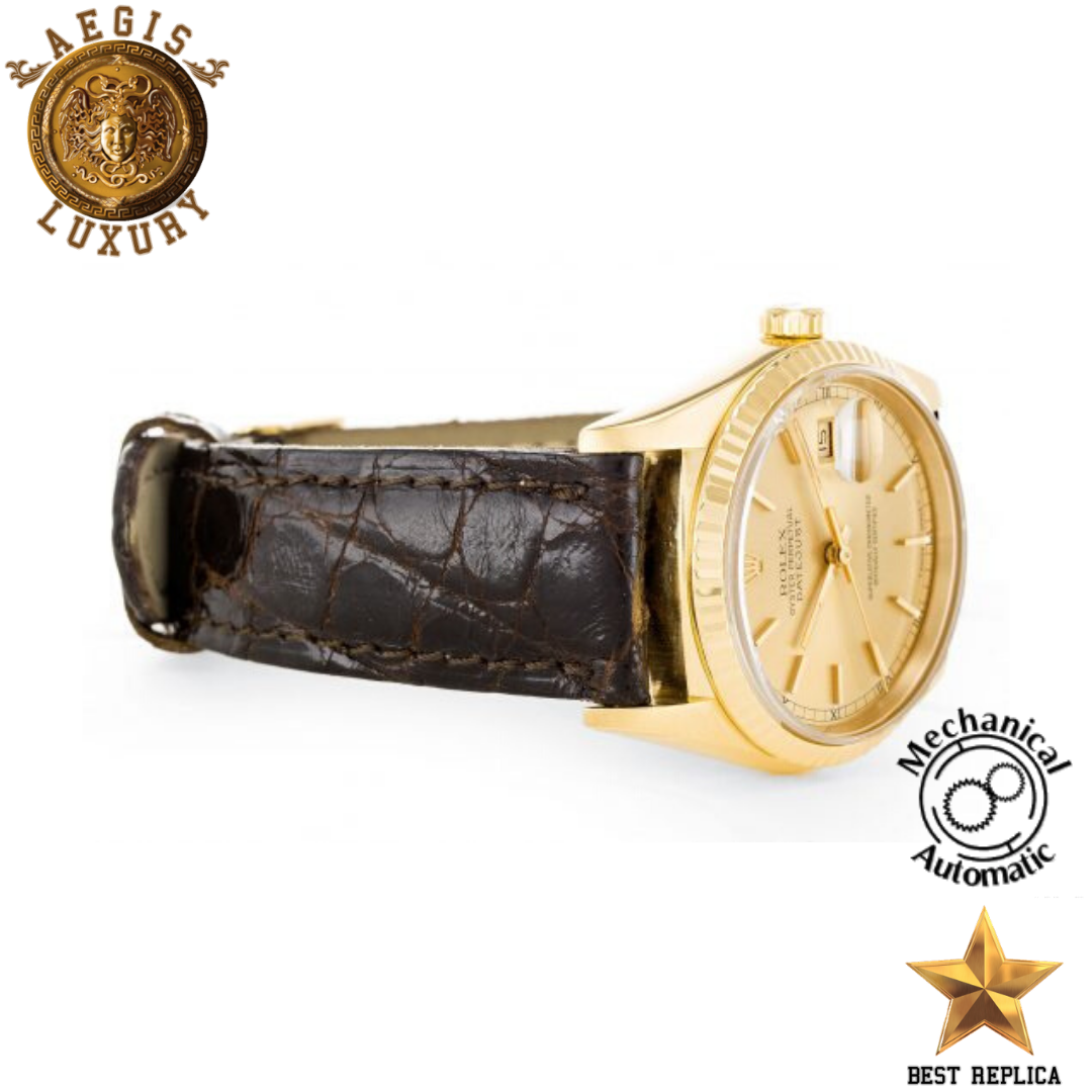 replica rolex oyster perpetual datejust genuine brown leather strap luxury watch side profile