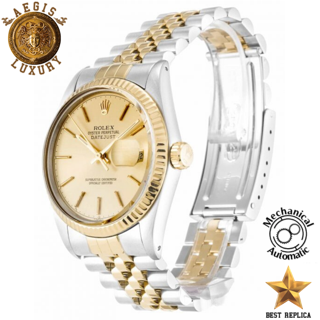replica rolex oyster perpetual datejust champagne baton dial premium luxury watch angle view