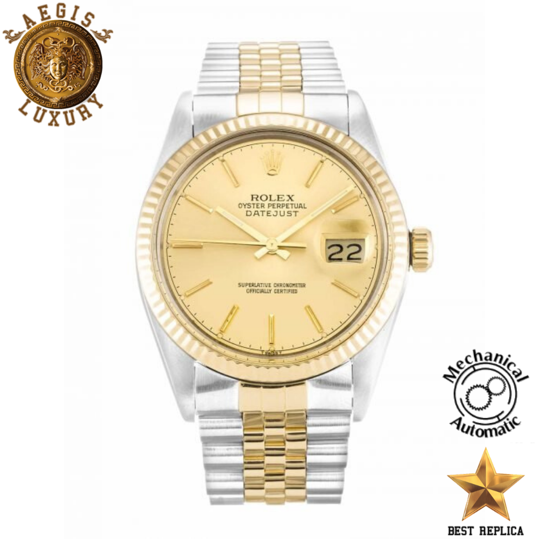replica rolex oyster perpetual datejust champagne baton dial jubilee luxury watch front view