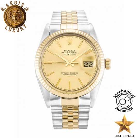 replica rolex oyster perpetual datejust champagne baton dial jubilee luxury watch front view