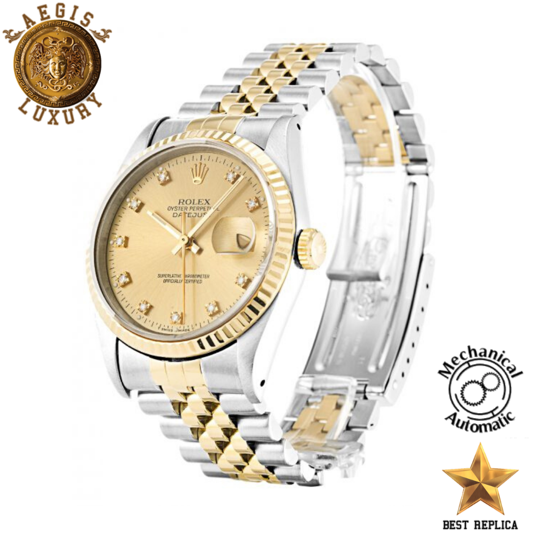 replica rolex oyster perpetual datejust champagne diamond dial premium luxury watch angle view