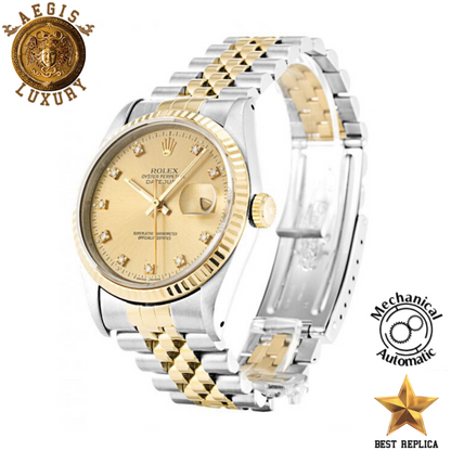 replica rolex oyster perpetual datejust champagne diamond dial premium luxury watch angle view