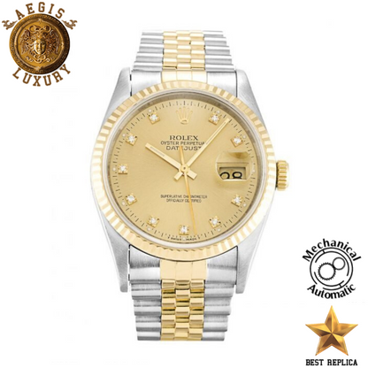 replica rolex oyster perpetual datejust champagne diamond dial jubilee luxury watch front view