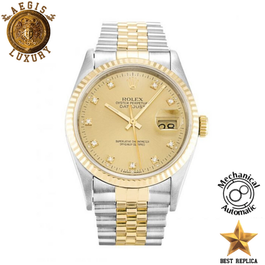replica rolex oyster perpetual datejust champagne diamond dial jubilee luxury watch front view