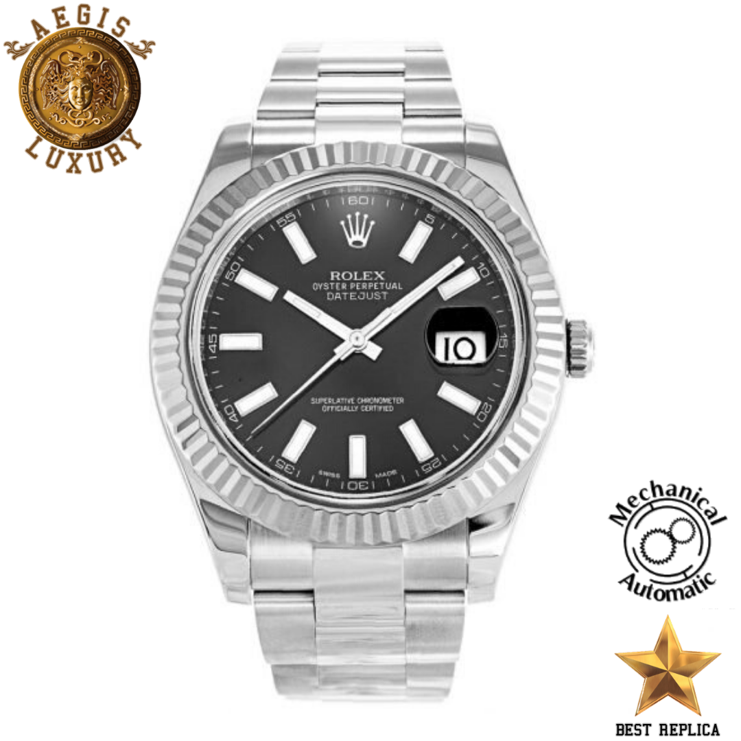 replica rolex oyster perpetual datejust ii black dial stainless steel luxury watch front view