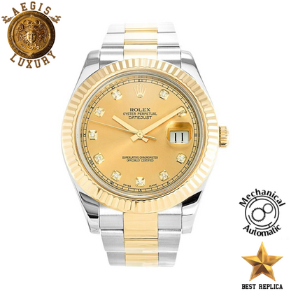 replica rolex oyster perpetual datejust ii yellow gold diamond dial two tone luxury watch front view