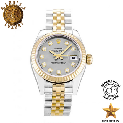 replica rolex oyster perpetual datejust lady silver diamond dial jubilee luxury watch front view