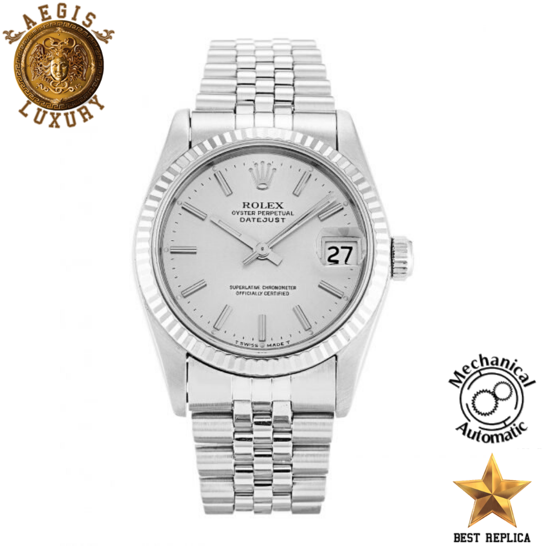 A high-quality replica Rolex Oyster Perpetual Datejust watch with a silver baton dial and a silver stainless steel jubilee bracelet.