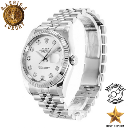 replica rolex oyster perpetual datejust silver diamond dial premium luxury watch angle view