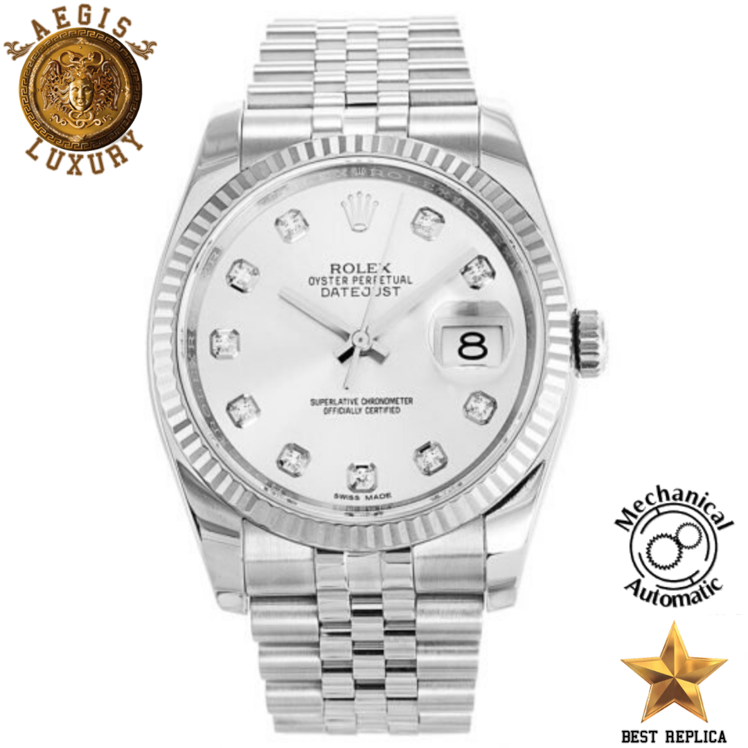 replica rolex oyster perpetual datejust silver diamond dial jubilee luxury watch front view