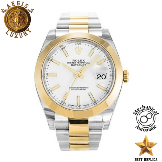 replica rolex oyster perpetual datejust white dial two tone stainless steel luxury watch front view