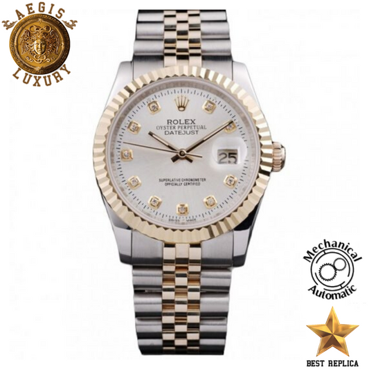 A high-quality replica Rolex Oyster Perpetual Datejust watch with a white diamond dial and two-tone stainless steel jubilee bracelet.