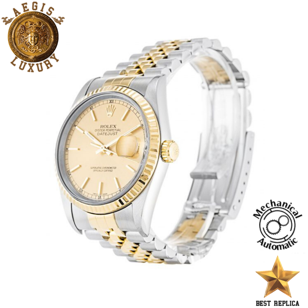 replica rolex oyster perpetual datejust yellow gold dial premium luxury watch angle view