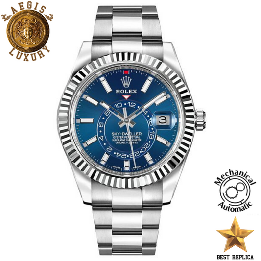 replica rolex sky dweller blue scratch resistant sapphire dial stainless steel luxury watch front view