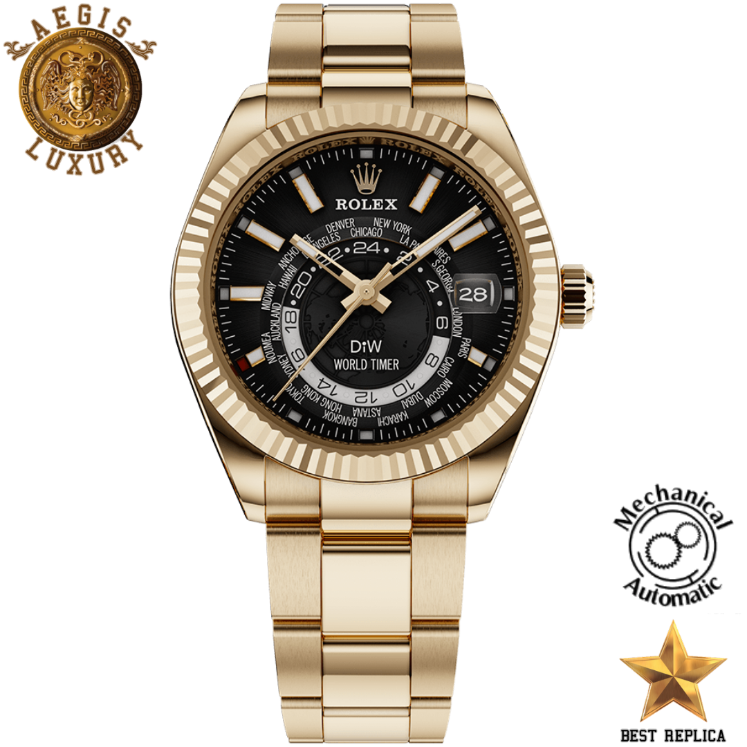 replica rolex sky dweller custom dlc world timer 2 by diw gold luxury watch front view