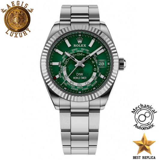 replica rolex sky dweller custom dlc world timer 2 by diw silver luxury watch front view