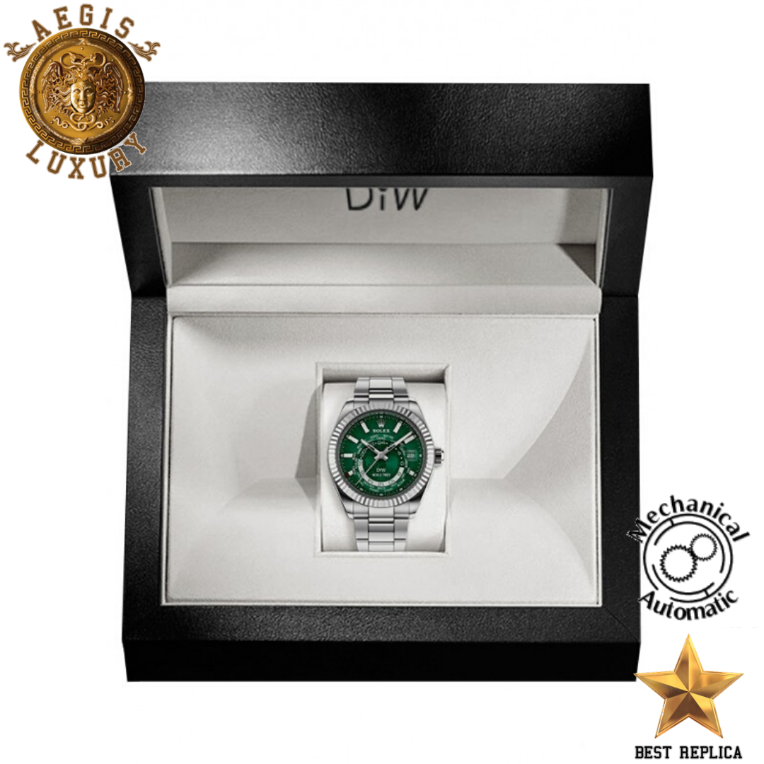 replica rolex sky dweller diw silver bracelet luxury watch side profile