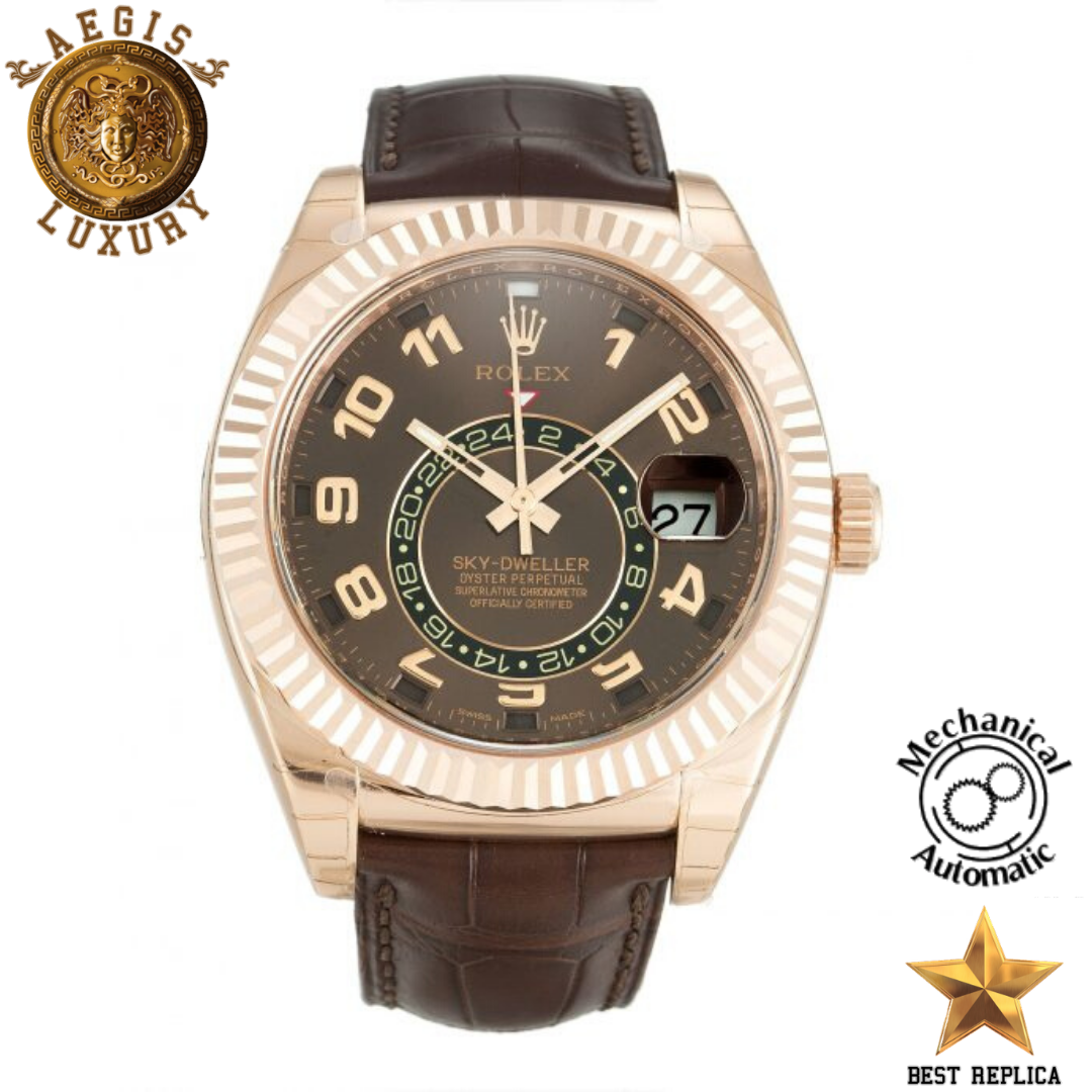 replica rolex sky dweller everose gold brown dial brown leather strap watch buvola