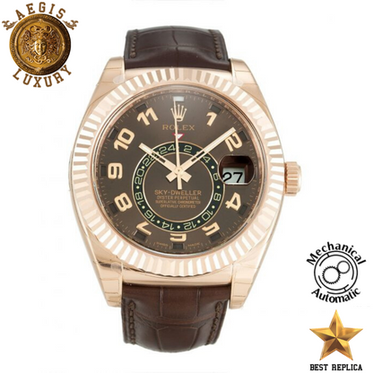 replica rolex sky dweller everose gold brown dial brown leather strap watch buvola