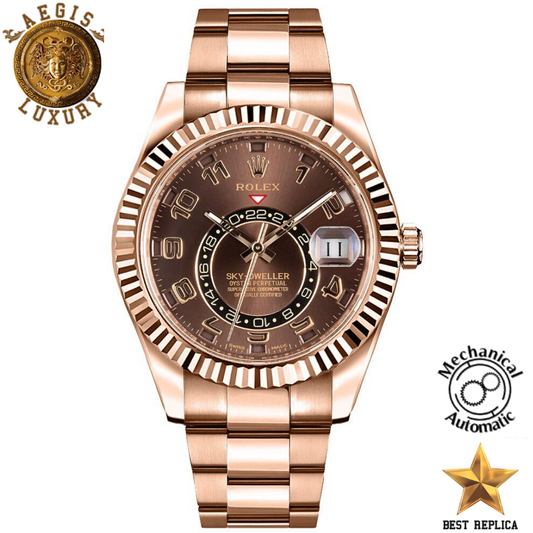 replica rolex sky dweller rare chocolate scratch resistant sapphire dial rose gold luxury watch front view