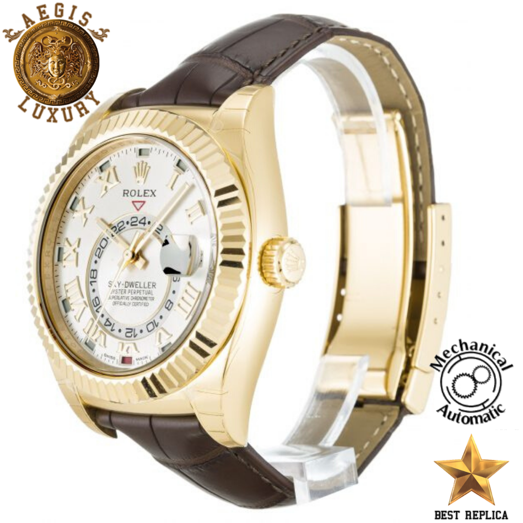 replica rolex sky dweller silver dial yellow gold premium luxury watch angle view