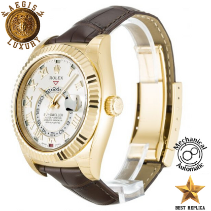 replica rolex sky dweller silver dial yellow gold premium luxury watch angle view
