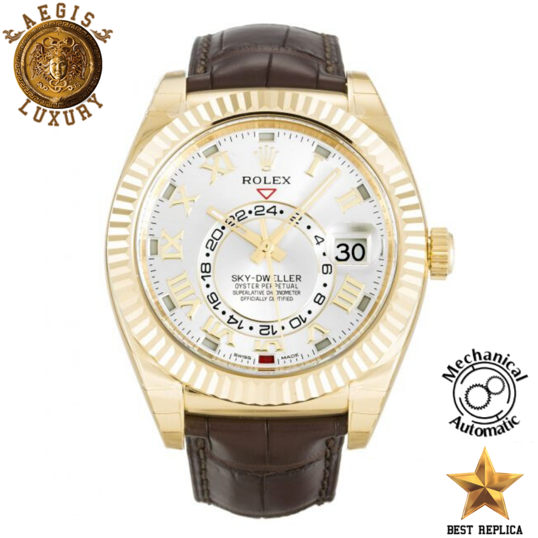 replica rolex sky dweller silver roman numeral dial yellow gold stainless steel luxury watch front view
