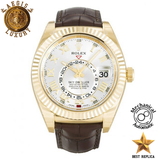 replica rolex sky dweller silver roman numeral dial yellow gold stainless steel luxury watch front view
