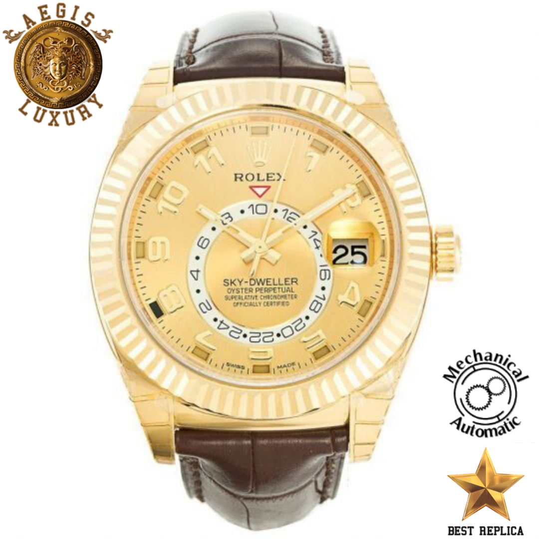 replica rolex sky dweller yellow gold champagne dial brown leather strap watch buvola