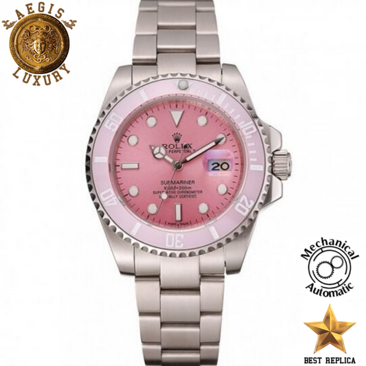replica rolex submariner pink dial pink case silver bracelet watch buvola