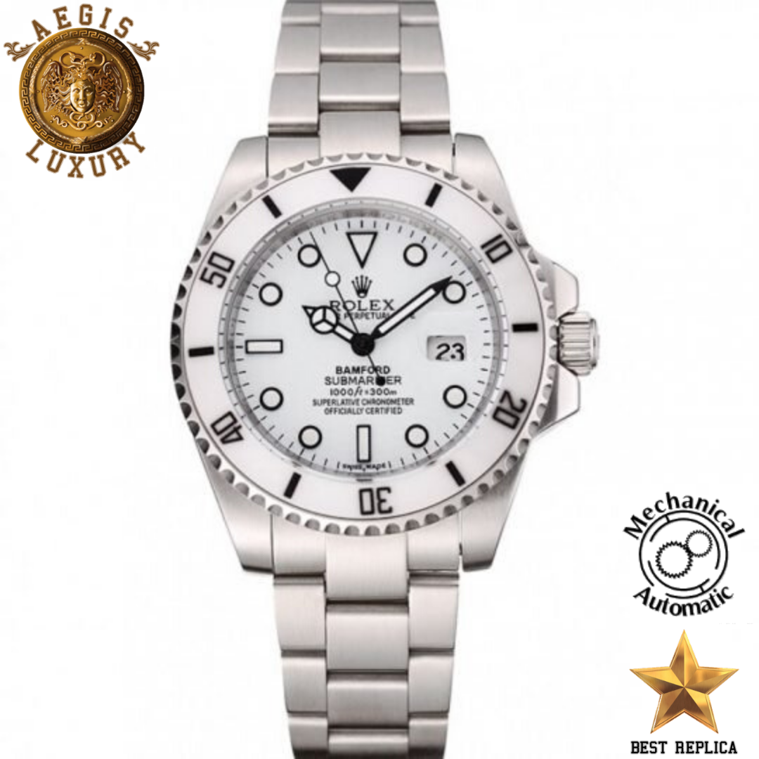 replica rolex submariner white dial silver strap luxury watch buvola