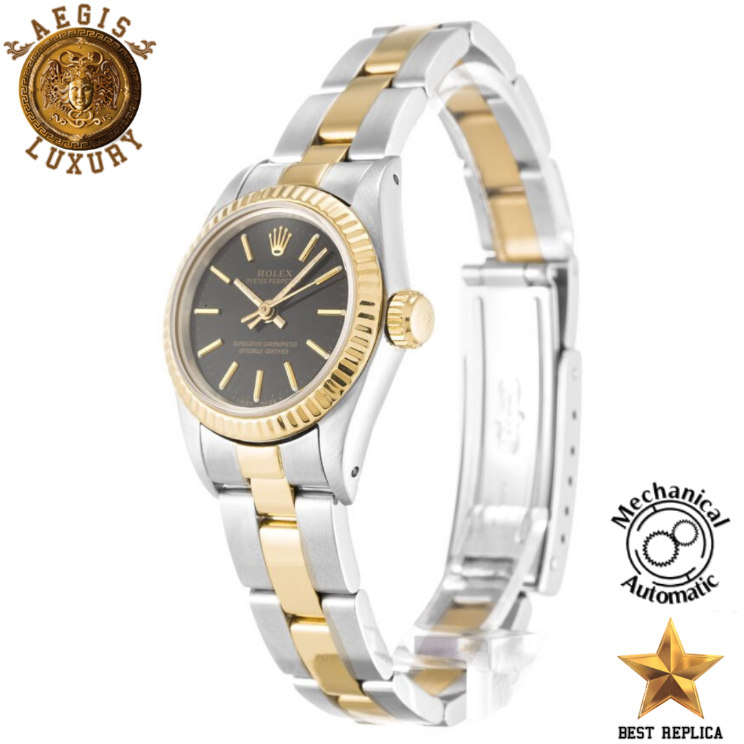 replica rolex women oyster perpetual black dial premium luxury watch angle view