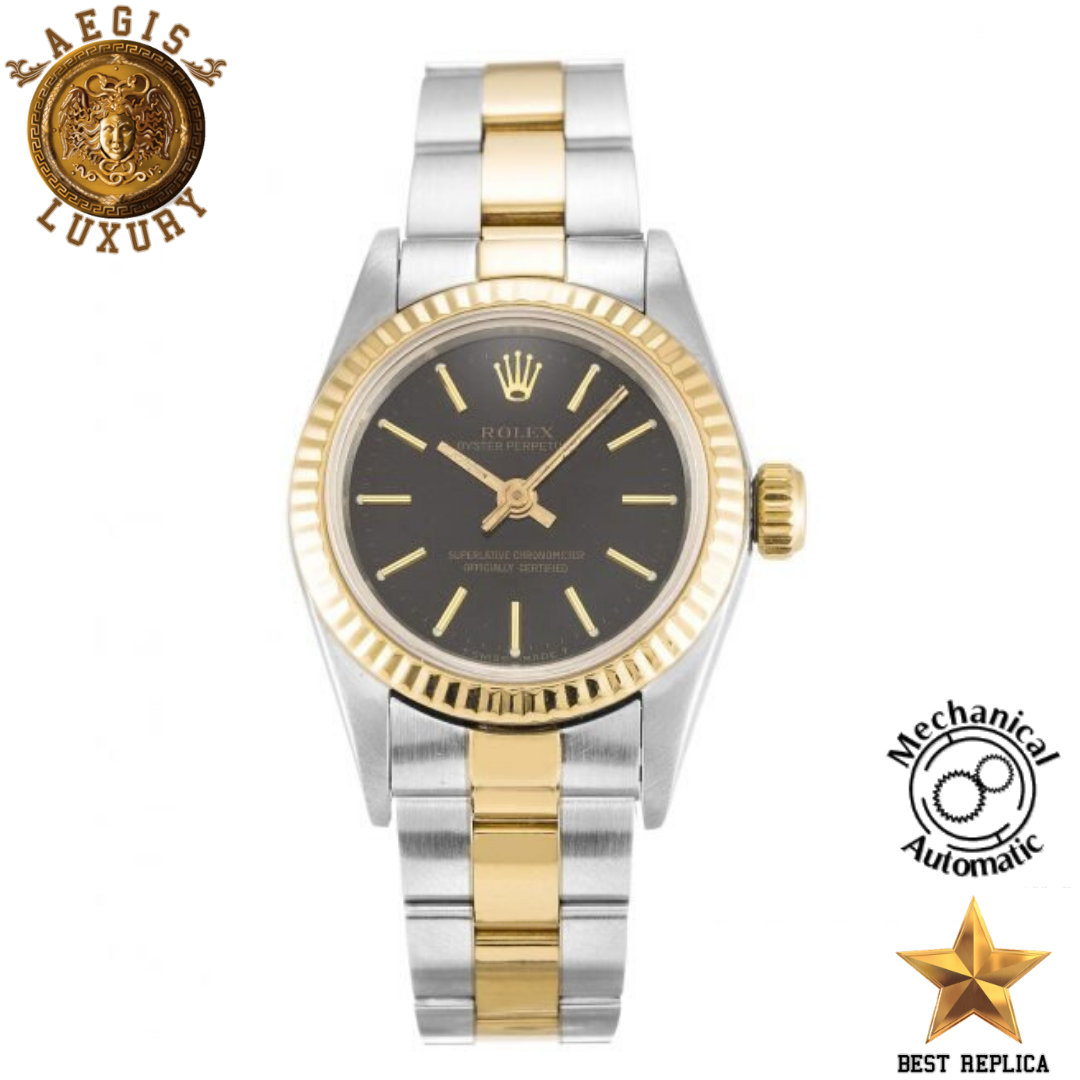 replica rolex women oyster perpetual date black dial yellow gold bezel two tone luxury watch front view