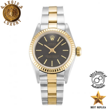 replica rolex women oyster perpetual date black dial yellow gold bezel two tone luxury watch front view