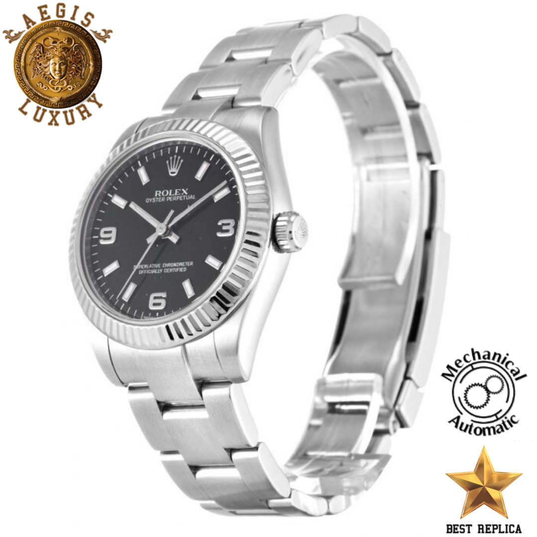 replica rolex women oyster perpetual black quarter arabic dial premium luxury watch angle view