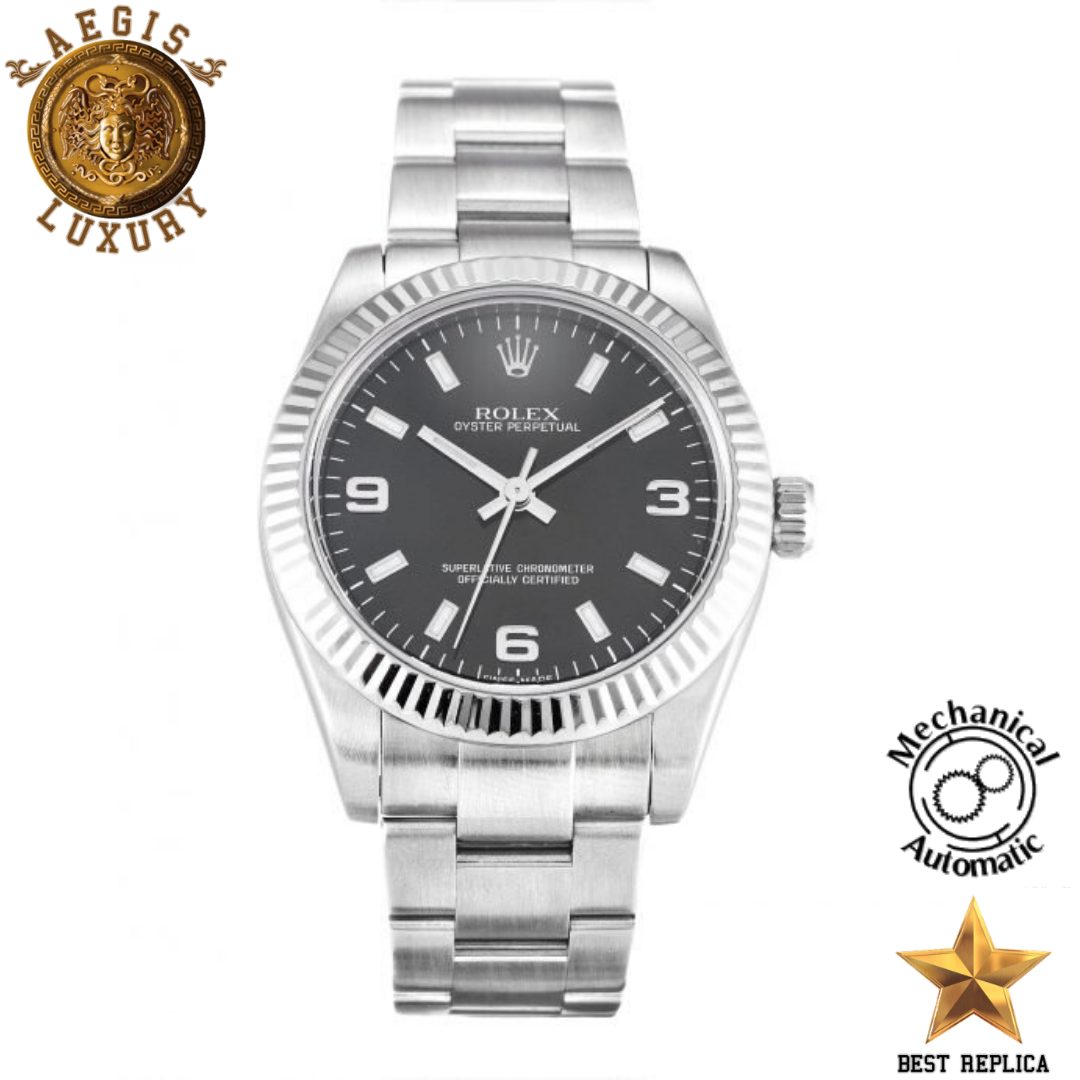 replica rolex women oyster perpetual date black quarter arabic dial stainless steel luxury watch front view