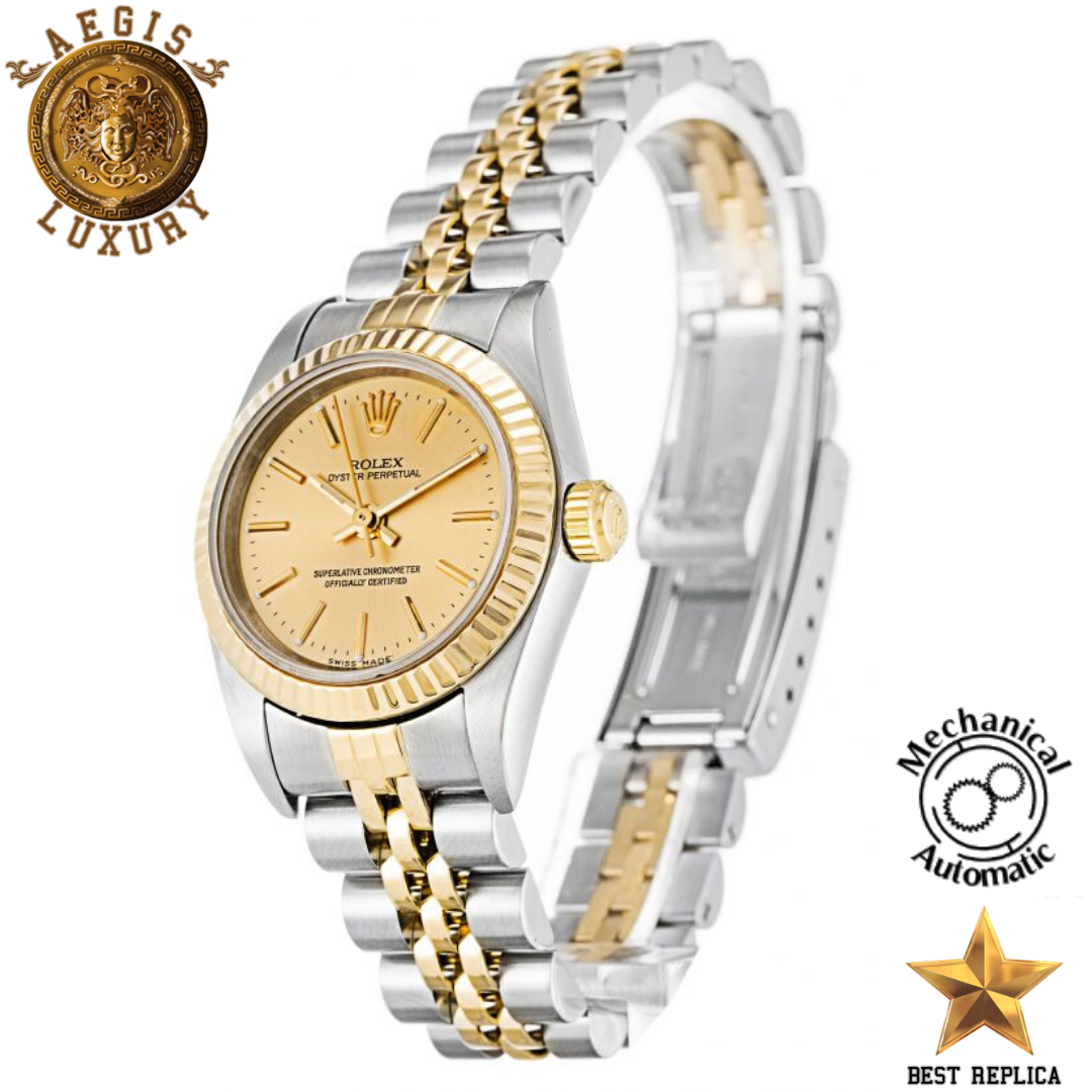 replica rolex women oyster perpetual gold yellow dial premium luxury watch angle view