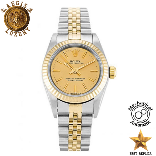 replica rolex women oyster perpetual date gold yellow dial yellow gold bezel two tone luxury watch front view