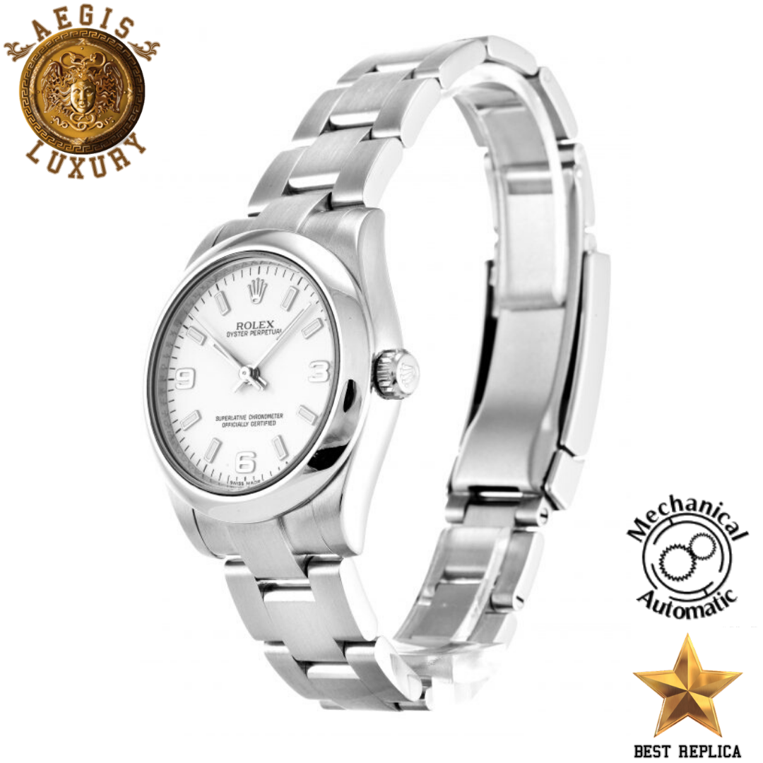 replica rolex women oyster perpetual white quarter arabic dial premium luxury watch angle view