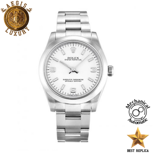replica rolex women oyster perpetual date white quarter arabic dial stainless steel luxury watch front view